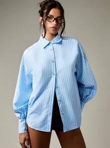MISSGUIDED Women Striped Button Down Shirt Open Back Tie Detail Balloon Sleeve Professional Business Casual Office Wear Spring Summer Autumn Blouse - Blue - View 6
