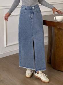 Livesso 女士夏季毛边宽松休闲牛仔半身裙 - 藍色 - 查看 7