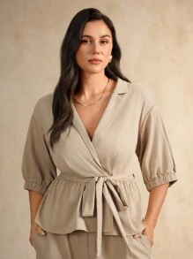 Flouryn Plus Size Women's Solid Color Fashion 2 Pieces Set, Collared Puff Sleeve Cinched Waist Blouse And Casual Wide Leg Pants Suit - Apricot - View 6