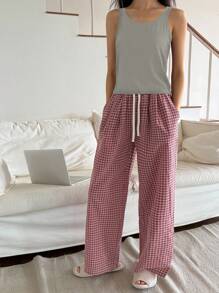 DAZY 纯色针织无袖上衣和直筒格子睡裤女士睡衣套装 - 灰色 - 查看 5