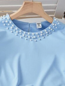 Sparklyn 2 件套花卉印花 A 字长裙，优雅，少女夏季泡泡袖，珍珠装饰领，简约风格 - 淺藍色 - 查看 7