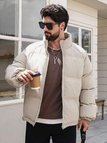 DAZY 男士厚棉衣，字母印花，纹理面料，立领，冬季夹克 - 淺灰色 - 查看 4