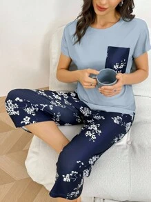 SHEIN Multicolor Round Neck Short Sleeve PJS For Everyday Comfort Women PJSs Floral PJSs Pj Sets Women Short Sleeve Summer PJSs Women Blue PJSs Women - Multicolor - View 6