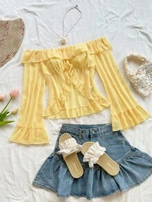 Soleia Women's Holiday Cream Yellow Chiffon Crinkle Fabric Off Shoulder Ruffle Trim Long Sleeve Blouse, Suitable For Holiday Dates, Afternoon Tea, Island Getaways, Beach Vacations, City Trips, Boho Vacations, Music Festivals Yellow Off The Shoulder Top Ruffle Tops Yellow Ruffle Top Ruffle Blouse Yellow Top Yellow Blouse Ruffle Sleeve Top Chiffon Top Women Yellow Blouse Off Shoulder Top ,Elegant Women's Blouses Yellow Blouses Cute Yellow Top Summer Tops Yellow - Yellow - View 5