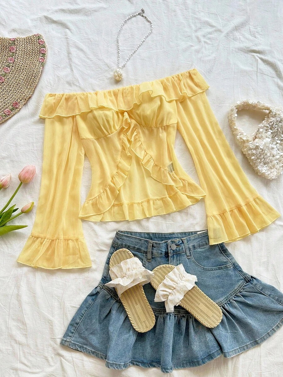 Soleia 女士节日奶油黄色雪纺皱褶面料露肩荷叶边长袖衬衫，适合节日约会、下午茶、海岛度假、海滩度假、城市旅行、波西米亚风度假、音乐节黄色露肩上衣荷叶边上衣黄色荷叶边上衣荷叶边衬衫黄色上衣黄色衬衫荷叶边袖上衣雪纺上衣女式黄色衬衫露肩上衣，优雅的女式衬衫 - 黃色 - 查看 1