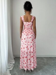 Elenzga Đầm maxi nữ dáng chữ A cổ vuông, chất liệu lưới, in hoa, xếp ly eo, thanh lịch, thích hợp cho hẹn hò, du lịch, tôn dáng, mùa xuân/hè. - Nhiều màu - Xem 3