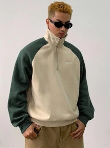 DAZY Men's Autumn Contrast Color Letter Embroidery Raglan Sleeve Pullover Sweatshirt Quarter Zip Men - Green - View 7