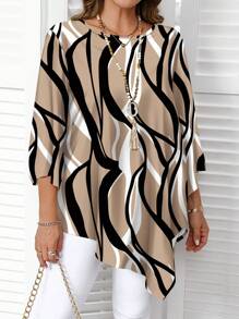 EMERY ROSE Kemeja Lengan Panjang Leher Bulat Motif Garis Kasual Ukuran Besar, Cocok untuk Blus Wanita Musim Semi dan Gugur, Atasan Motif Zebra Elegan - MultiWarna - View 3