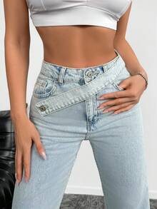 SHEIN Tall Light Wash Extra Long Straight Leg Denim Jeans For Women With Unique Zipper Detail Casual Plain Style - Light Wash - View 2