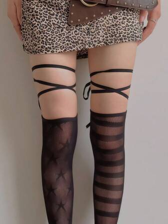 Grunge Punk Punk Style Asymmetric Hollow Pattern Star Striped Lace-Up Thigh High Socks, Y2K Fashion Versatile For Party, Gathering, Music Festival