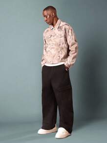 SUMWON 优质卡车司机夹克沙漠迷彩图案军装风格纽扣前牛仔棉质休闲外套带胸袋秋季街头时尚 - 卡其色 - 查看 1