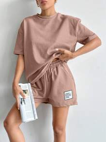 EURMUSE Áo thun trơn màu 100% cotton dành cho nữ và quần short thêu họa tiết - Màu Hồng  San hô - Xem 3