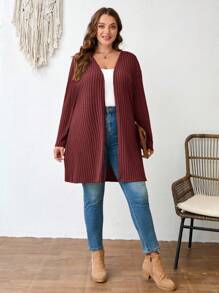 Comfylo Cárdigan de punto acanalado de color liso talla grande para ropa de primavera, otoño e invierno - Burdeos - Ver 4