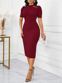 SHEIN Lady Vestido elegante de verano para mujer, de unicolor, con cuello alto, manga corta abullonada y diseño retorcido ajustado