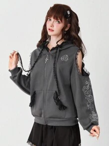 ROMWE EDITION 洛丽塔动漫可爱水钻猫耳灰色连帽蕾丝运动衫 - 深灰色 - 查看 7