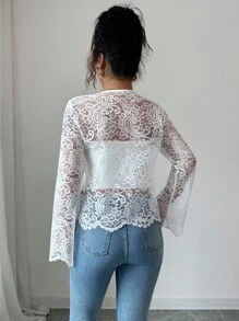 SHEIN Elenzya Áo khoác cardigan mỏng cổ tròn đính nút ngọc trai ren thanh lịch dành cho nữ - Màu be - Xem 2