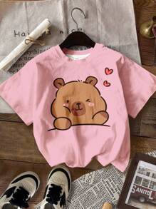 4 件装年轻女孩休闲可爱水豚图案圆领短袖基本款 T 恤，适合春夏季、凉爽夏季、度假氛围、夏季户外、轻松舒适、年轻女孩秋季分层穿着、时尚年轻女孩、休闲装、年轻女孩图案服装、秋季服装水豚衬衫儿童水豚 T 恤女童水豚上衣可爱水豚儿童 T 恤幼儿水豚衬衫 - 彩色 - 查看 5