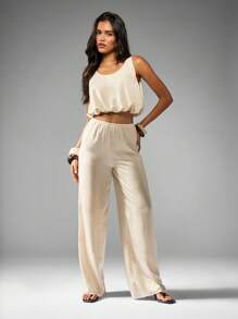 MISSGUIDED Pantaloni largi Palazzo pentru femei, satin, talie elastică, purtați pe haine de seară, lejeră, elegante, lejere, pentru birou, colecția de toamnă-iarnă - Caisă - Vizualizare 5