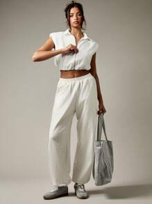 MISSGUIDED Colete Cropped de Moletom com Zíper Frontal, Sem Mangas, Gola, Roupa de Academia, Moda Esportiva Moderna, Regata, Streetwear, Roupa de Primavera e Verão - Branco - Visão 5