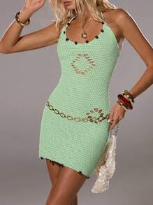 TRNVIE Green Hollow Out Spaghetti Strap Sleeveless Fitted Knit Dress,Fall Clothes For Women ,Boho Party - Green - View 1