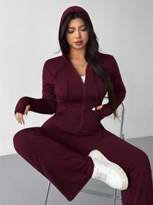 SHEIN EZwear 2 件套加大码前拉链长袖连帽运动衫和修身喇叭裤休闲运动服套装 - 酒紅色 - 查看 6
