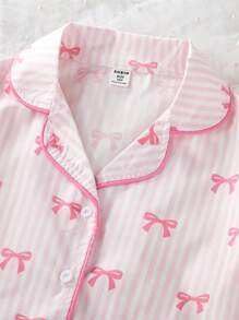 2件套女孩条纹蝴蝶结图案短袖开衫上衣和裤子舒适睡衣套装 - 粉色 - 查看 4