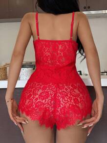 SHEIN 露背蕾丝网纱拼接性感吊带背心&短款睡衣套装 - 紅色 - 查看 2