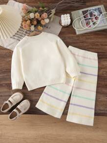 SHEIN Vintaside Kids 女婴毛衣套装 2 件套，优雅淑女风格手工圆领长袖毛衣和条纹针织裤，舒适百搭，适合秋冬季休闲、居家、外出、旅行 - 杏色 - 查看 2