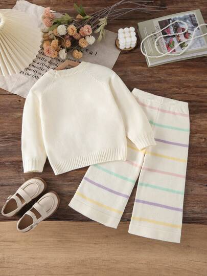 SHEIN Vintaside Kids 女婴毛衣套装 2 件套，优雅淑女风格手工圆领长袖毛衣和条纹针织裤，舒适百搭，适合秋冬季休闲、居家、外出、旅行