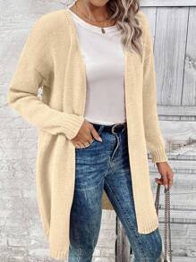 EMERY ROSE 1pc Women Drop Shoulder Loose Fit Long Cardigan Sweater, Solid Color, Casual, Autumn/Winter Green Cardigangreen Cardigan Womenlong Sweater Cardiganlong Cardigan Sweaterduster Cardigan Knitted Sweater Fall Cloth For Women