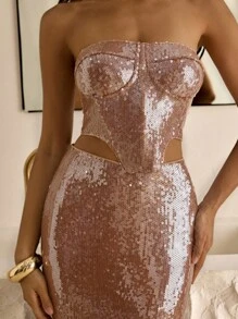 Vowa 时尚网状结构鱼骨紧身胸衣和紧身迷你裙套装，适合婚礼、派对、下午茶、假期等各种正式场合以及女士其他服装 - 卡其色 - 查看 7