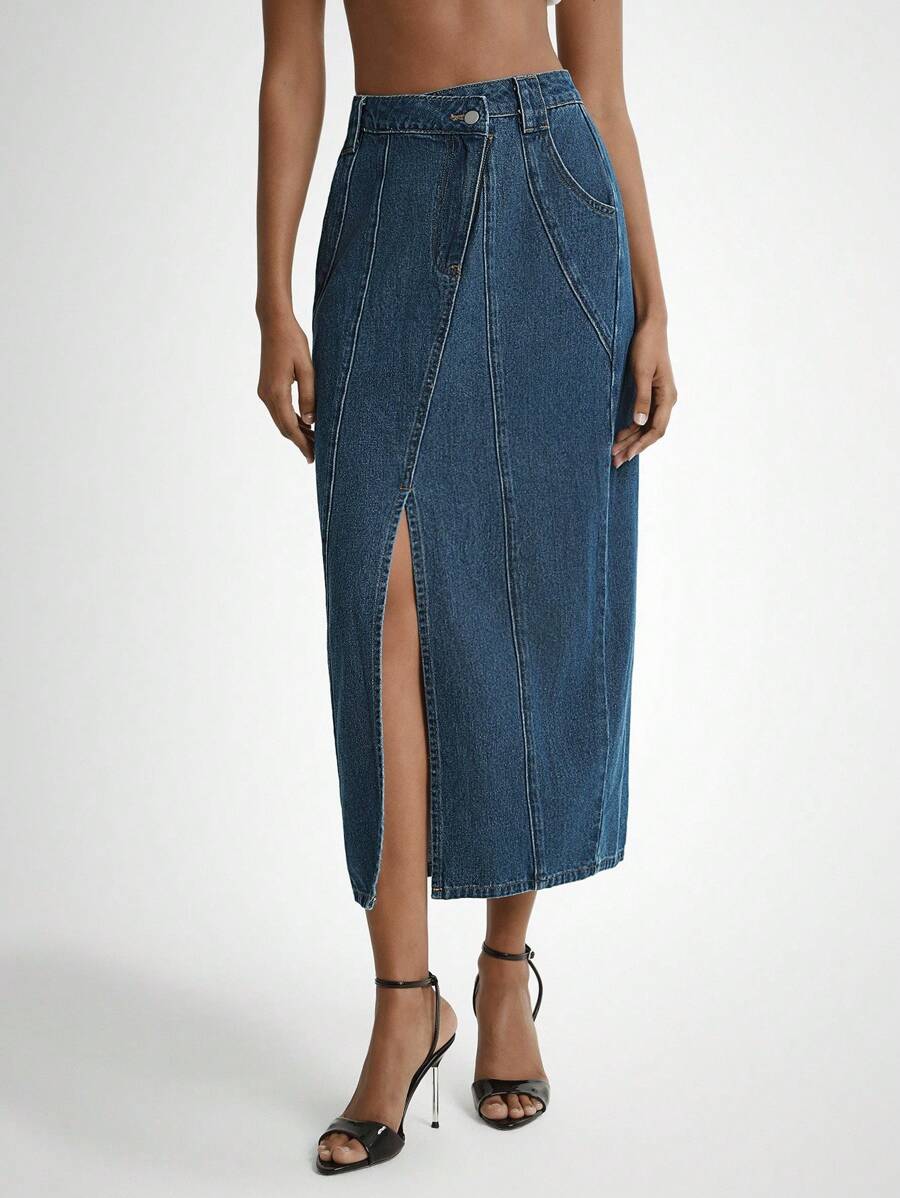 Daynim Chân váy denim bất đối xứng thường ngày dành cho nữ - Rửa tối - Xem 1