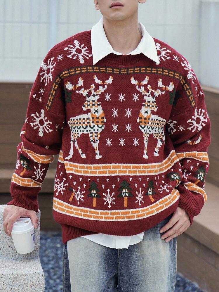 Autumn Men's Casual Deer Pattern Dropped Shoulder Long Sleeve Knitted Sweater, Christmas