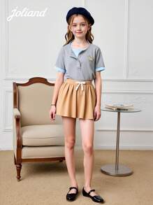 Joliand 1pc Young Girl Elegant Urban Casual Versatile Dog Decor Patchwork Grey & Light Blue Crew Neck Short Sleeve T-Shirt, Suitable For Back To School, Travel, Everyday, Summer & Autumn Back To School  School  Clothes School Supplies ColorfulJoy Backtoschool