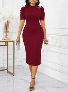 SHEIN Lady Vestido elegante de verano para mujer, de unicolor, con cuello alto, manga corta abullonada y diseño retorcido ajustado