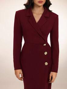 Modelyn Women's Lapel NeckLong Sleeve Metallic Floral Decor Fitted Dress With Fishtail Hem, Elegant