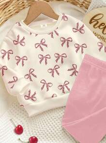 SHEIN Happikins 柔和奶油白和奶油粉，可爱迷你豹纹蝴蝶结图案，女婴休闲针织加厚圆领长袖卫衣和打底裤套装，适合秋冬季节，秋季外出穿着，舒适透气，适合宝宝秋季叠穿，时尚百搭，休闲装扮，女婴图案服装，返校季，秋季服装，返校季女婴服装，女婴服装，女婴秋季套装，女婴秋季服装