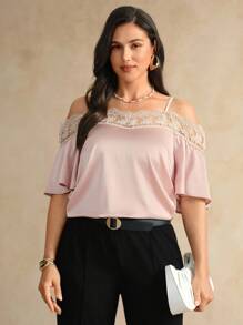 Flouryn Plus Size Elegant Blush Pink Summer Cold Shoulder Top,Lace Trim Patchwork Loose Fit Short Sleeve Tops For Women,Formal Tea Party Commuter - Pink - View 6