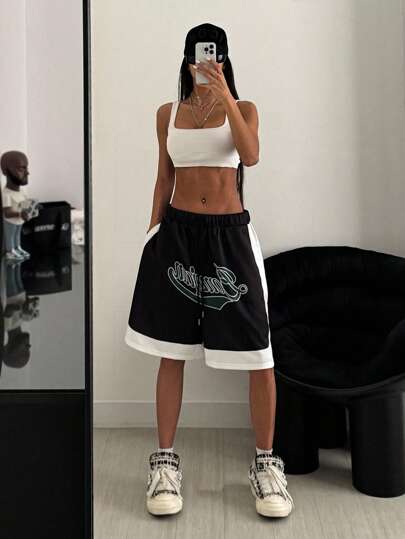 StreetHx 女式街头风格字母印花口袋休闲运动短裤，夏季