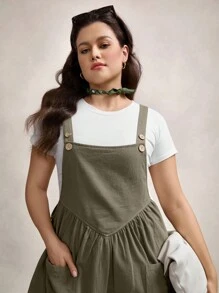 Zelara 加大码纯色连体衣，带两个口袋 - 軍綠色 - 查看 2