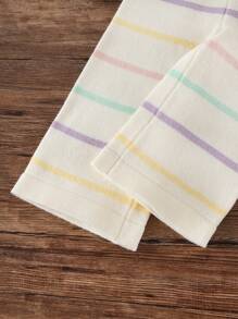 SHEIN Vintaside Kids 女婴毛衣套装 2 件套，优雅淑女风格手工圆领长袖毛衣和条纹针织裤，舒适百搭，适合秋冬季休闲、居家、外出、旅行 - 杏色 - 查看 4