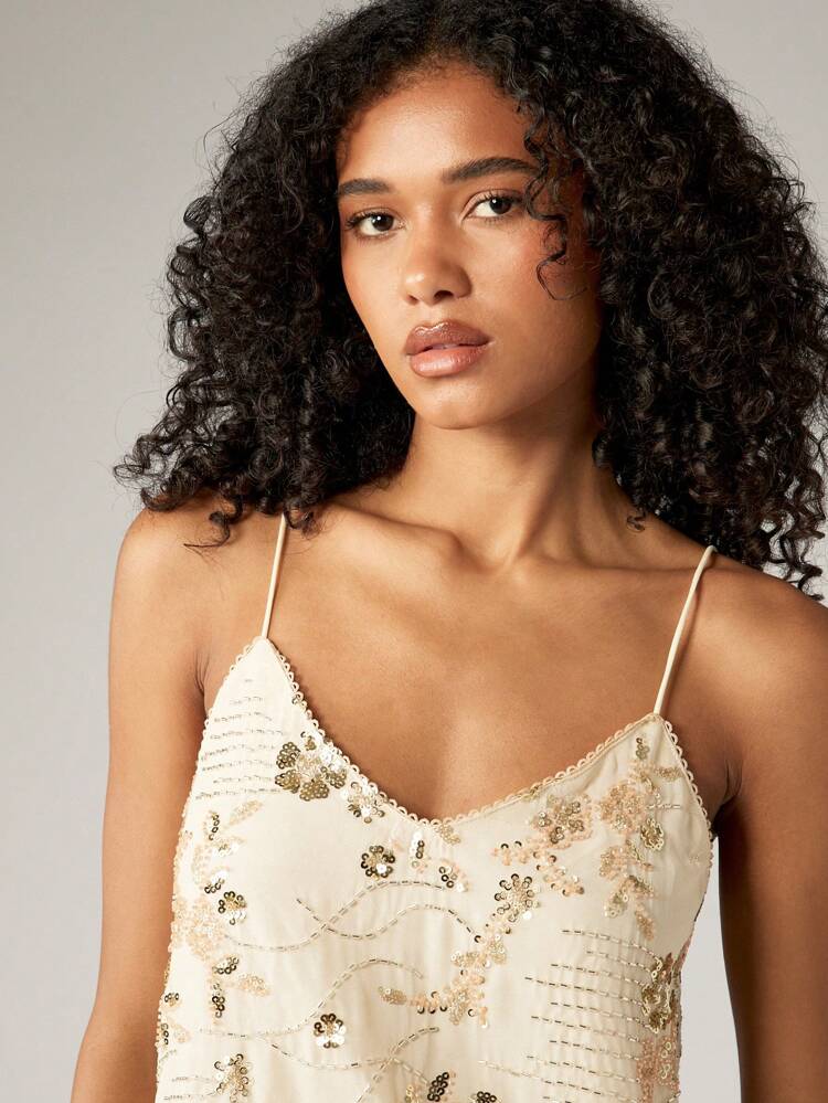 花柄ビーズスパンコールキャミソールトップス