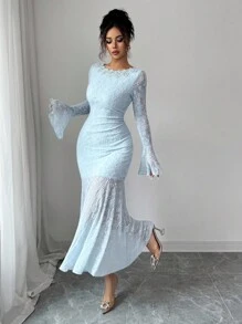 Modelyn Elegant Boat Neck Bell Sleeve Fitted Mermaid Hem High Stretch Textured Knit Dress Fall Cloth For Women - Blue - View 6