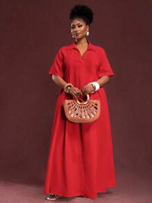 Slaydiva 春夏新款度假通勤休闲白色宽松短袖V领褶皱A字长款衬衫裙，大码女装 - 紅色 - 查看 7