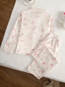 Girls' Loose Fit Pink Bear Print Cardigan & Pants Pajama Set, White Base Bow Pajama Set Girls Pajama Set - White - View 2