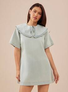 WESTFADE 荷叶边领短袖A字形棉混纺牛仔迷你乡村连衣裙女士夏季服装海滩度假服装 - 淺色水洗藍 - 查看 4