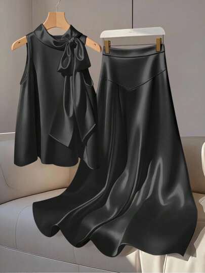 GlowEve 女式缎面无袖立领蝴蝶结装饰优雅上衣和裙子两件套