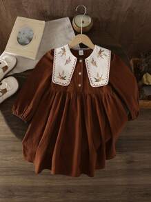 SHEIN LMoss Kids Vestido de manga comprida com gola Peter Pan e estampa floral vintage LMoss Baby Girl, outono/inverno - Ferrugem Marrom - Ver 8