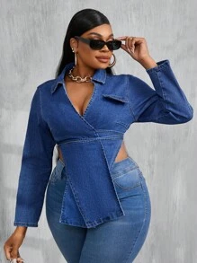 Slaydiva Tops de Denim Plus Size para Mulheres, Jaqueta Elástica Apertada e Sexy, Casaco Azul para Festa de Halloween, Fantasias de Halloween de Outono para Mulheres, Top Azul de Manga Longa - Lavagem escura - Visão 4