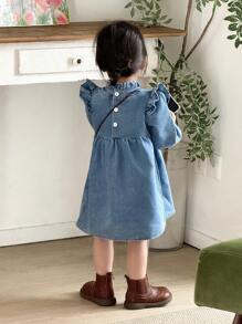 SHEIN Babygirl Spring And Autumn Baby Girl Long Sleeve Ruffle Collar Fashionable And Simple Lace Washed Denim Dress, Suitable For Daily Leisure Wear Such As Autumn Outings, Camping, Vacation, Etc. - Blue - View 2